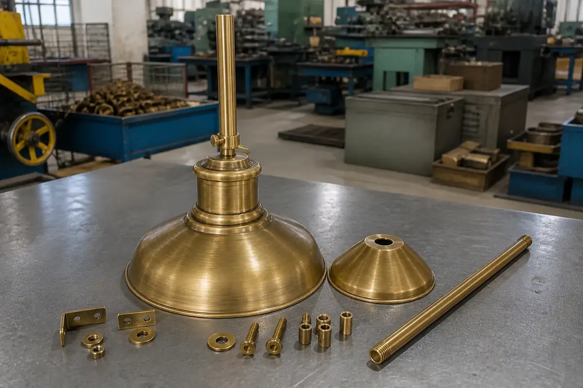 Antique brass pendant light with matching canopy and suspension rod