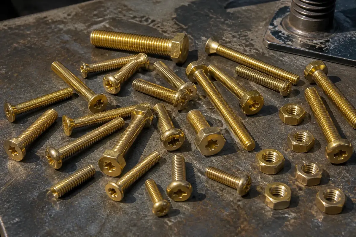 Assorted brass machine screws showing pan, countersunk, and round head styles