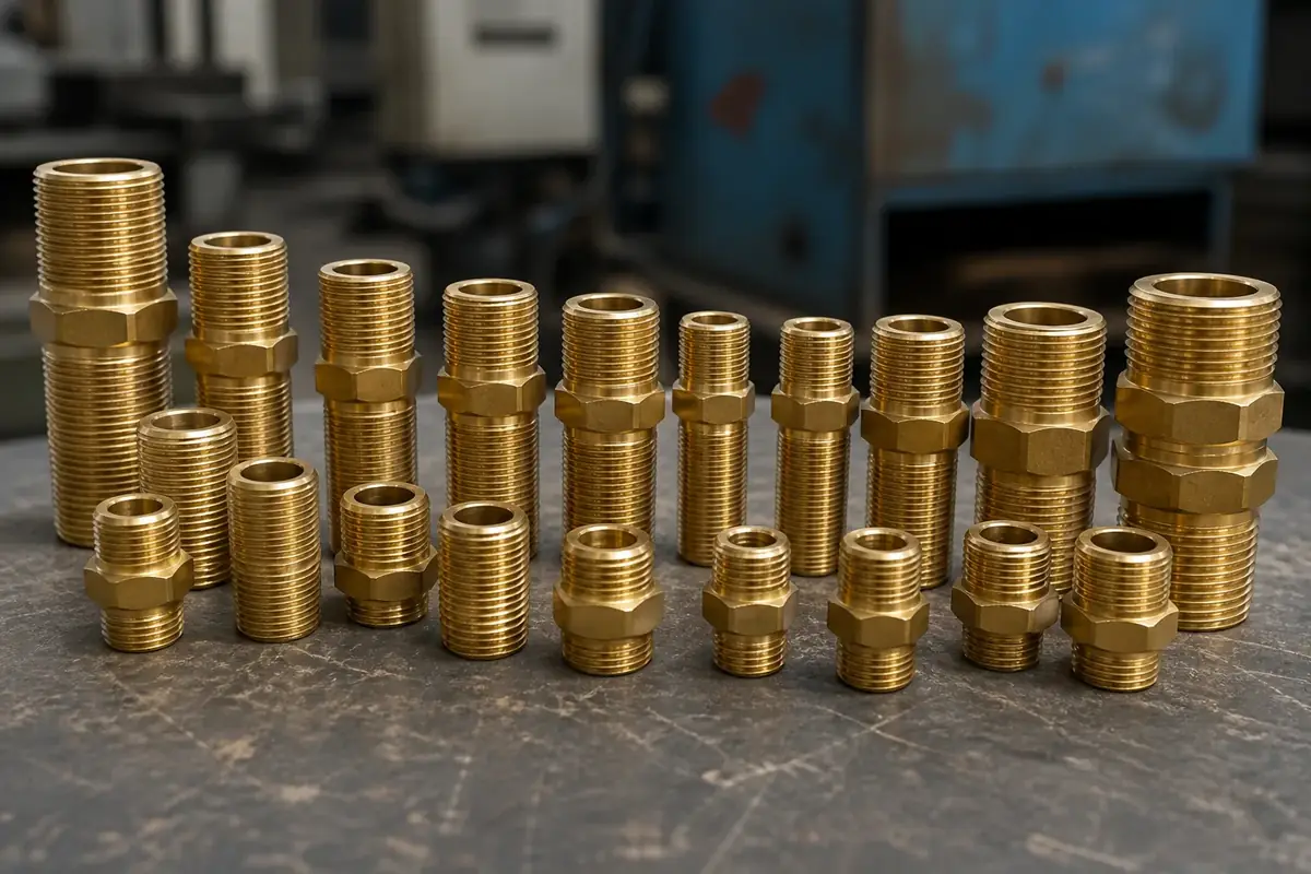 Assorted brass pipe nipples in multiple diameters and hex patterns