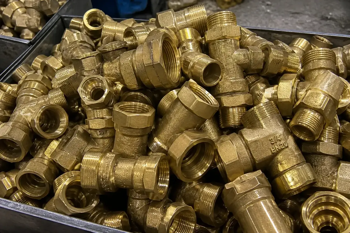 Assorted brass plumbing fittings and valve bodies for fluid system applications