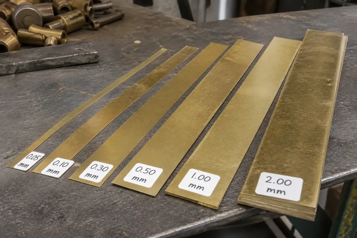 Assorted brass shim stock thicknesses labelled for precision assembly use