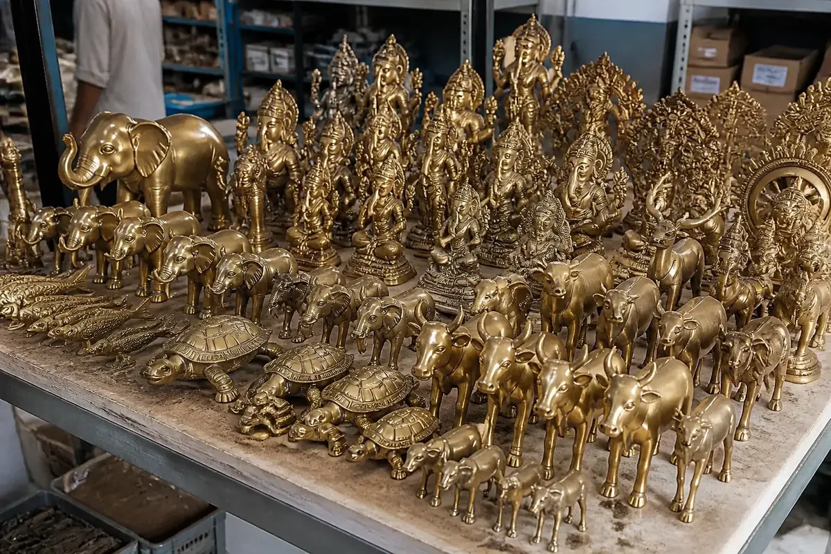 Assorted brass statues and animal figurines for decorative gift programs