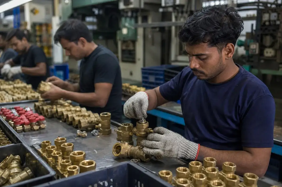 Automated assembly line for hot forged brass ball valves in Jamnagar manufacturing facility