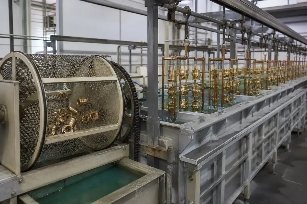 Automated barrel electroplating process for mass finishing of turned brass parts