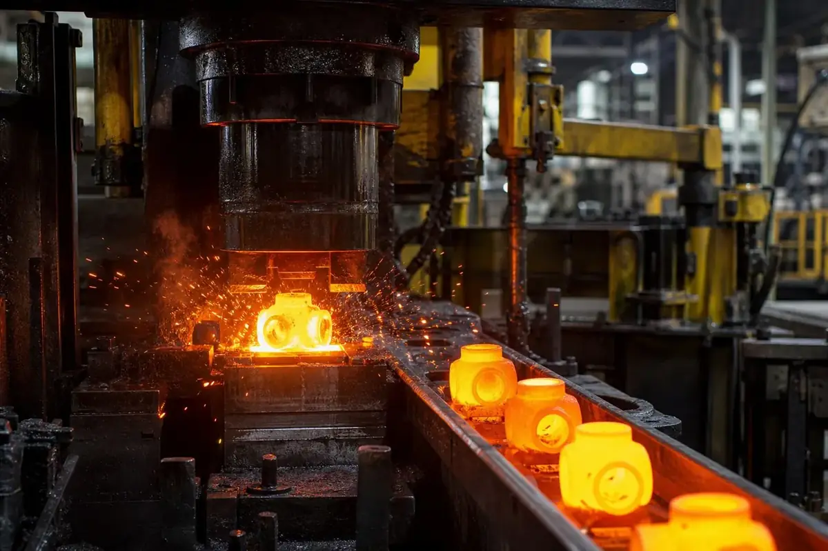 Automated hydraulic hot press forging line producing brass valve body blanks in Jamnagar GIDC
