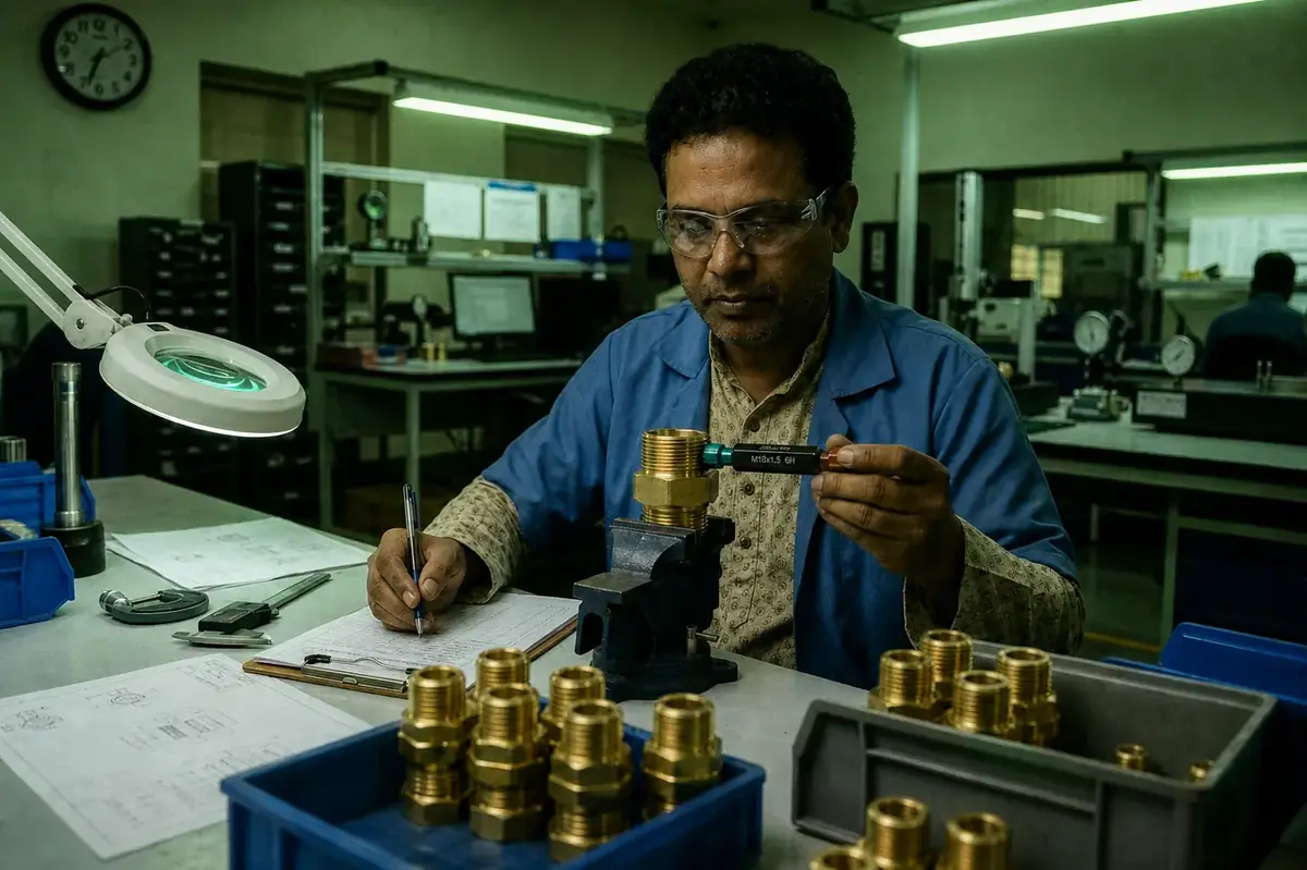 Automatic lathe cutting external brass threads on machining rod