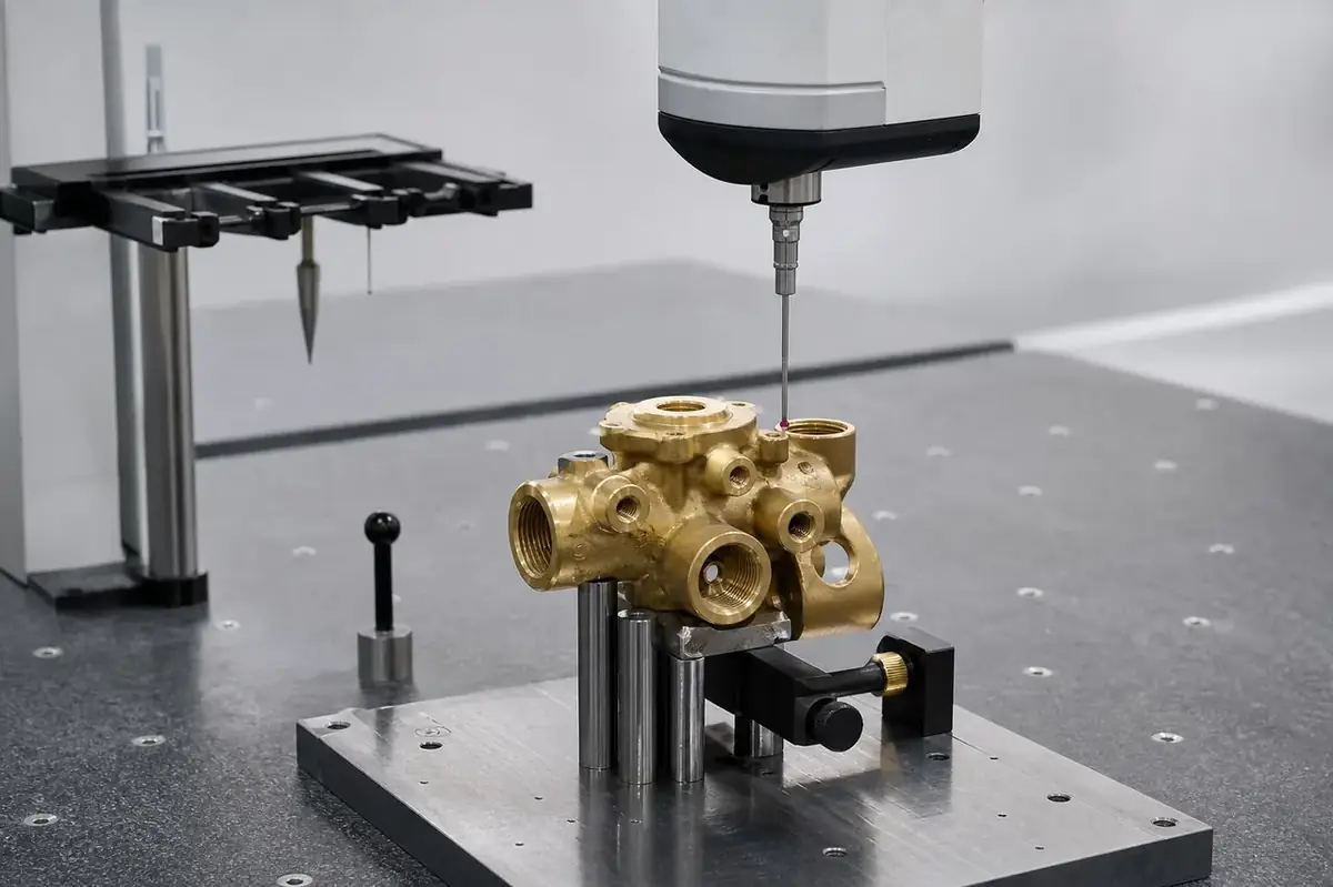 3D Coordinate Measuring Machine (CMM) ruby probe inspecting complex turned brass valve body in temperature controlled lab