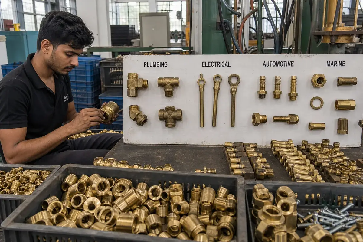 Workshop view of brass parts used in plumbing, electrical, auto, and marine work
