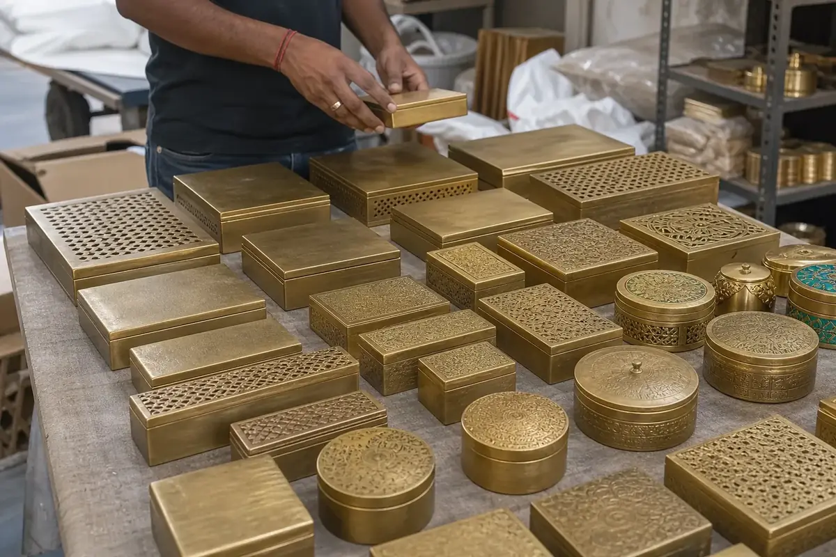 Brass boxes with lids and jewellery boxes arranged for gift packing review