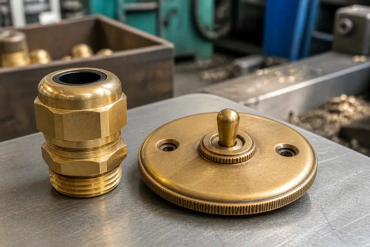 Brass cable gland beside an antique-style brass light switch cover plate