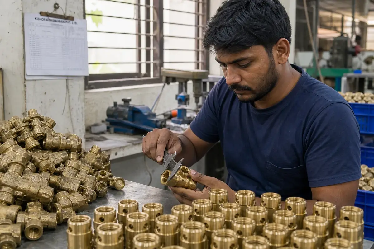 CNC Swiss-turned brass components beside casting blanks on a workshop bench