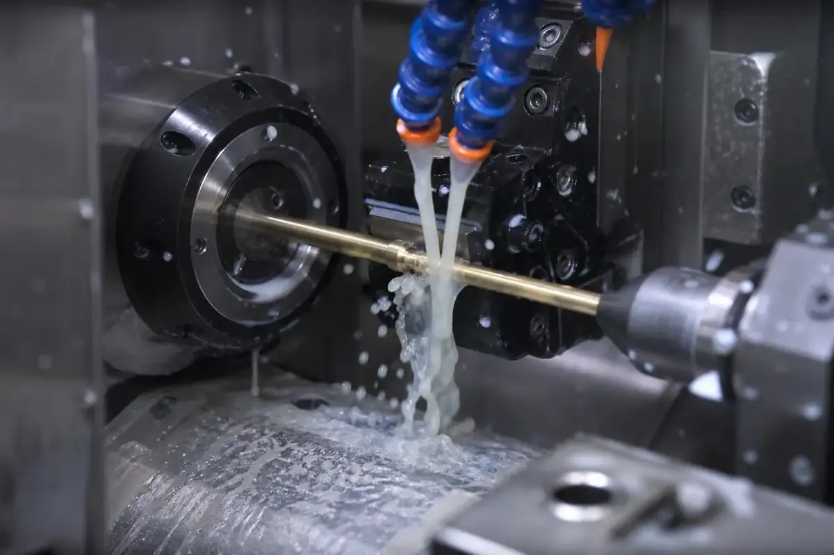Close up photograph of a Swiss CNC lathe carbide guide bushing turning a long slender brass shaft
