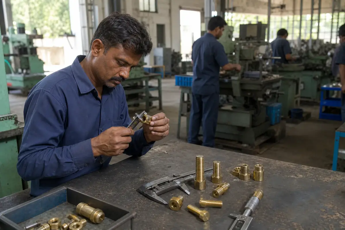 Threaded brass components measured with gauges for pitch and tolerance