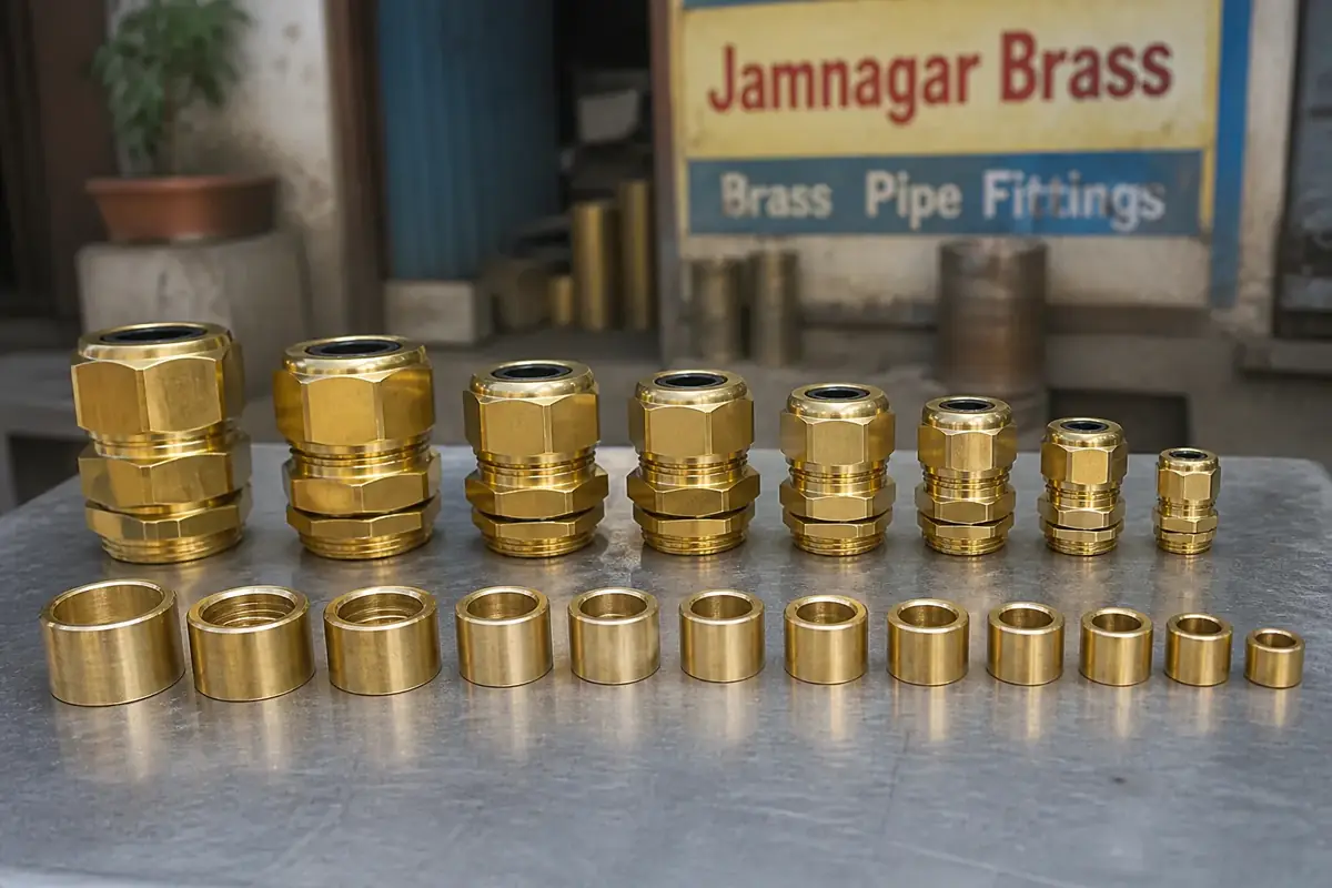 Brass compression nuts, olives, and flare nuts arranged by tube size