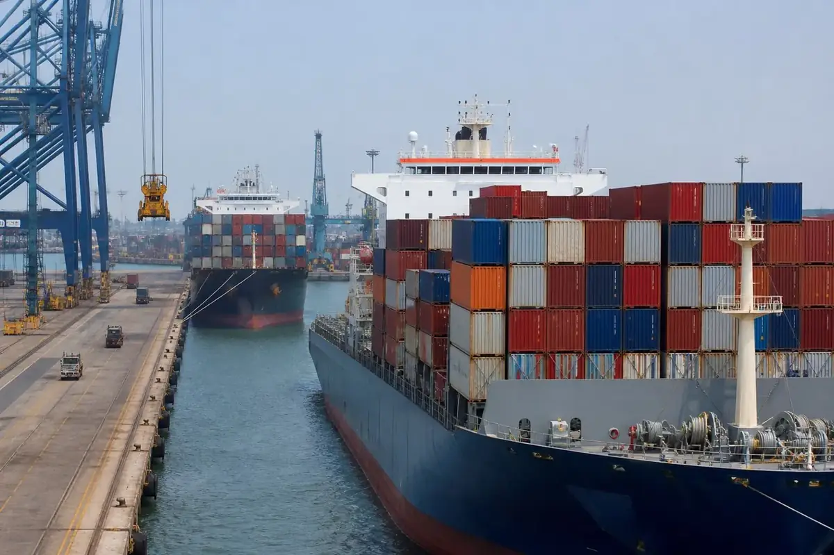 Brass — Container ship loading export cargo at Port of Mundra Gujarat for direct sea transit to Europe