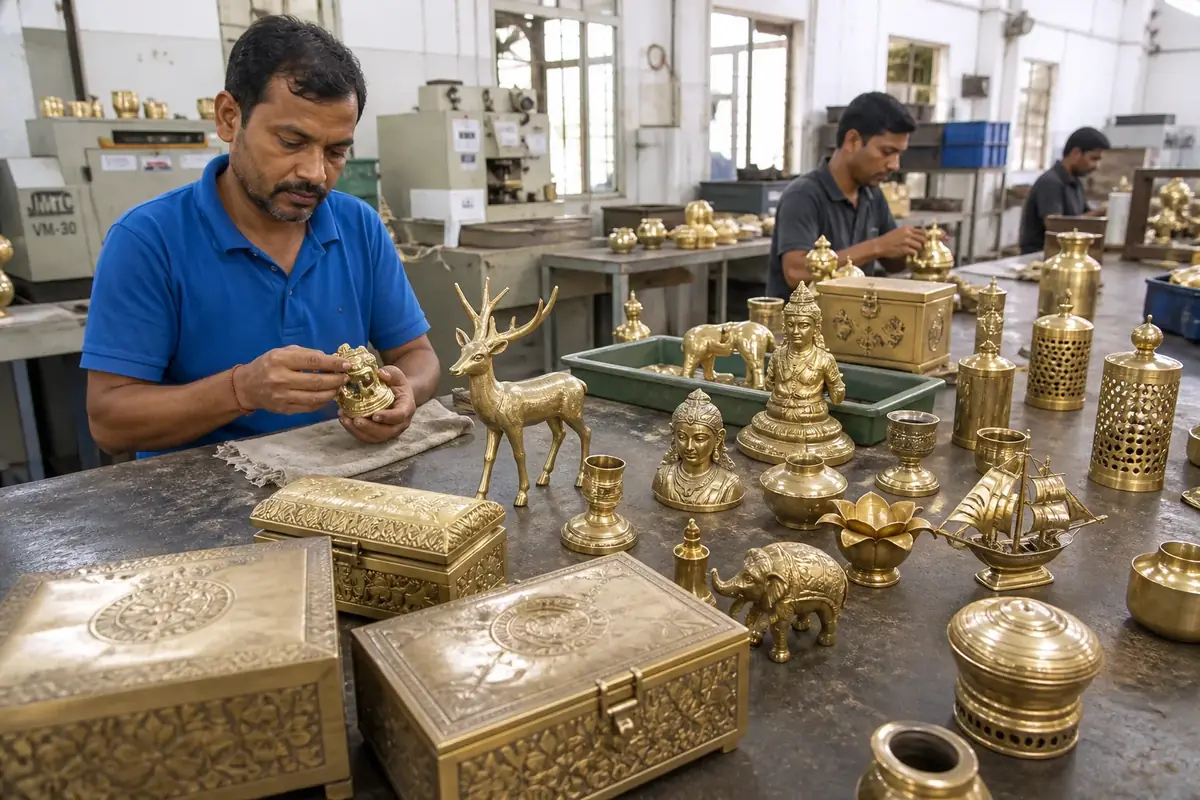Assorted brass gift and decorative items including figurines, boxes, and showpieces