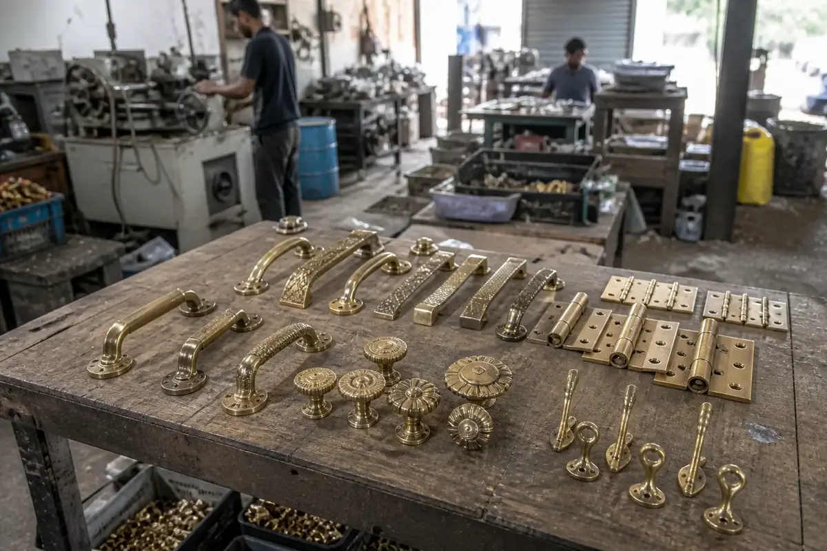 Brass door handles, knobs, hinges, and coat hooks in polished and antique finishes