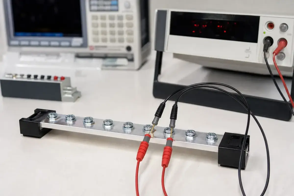 Electrical laboratory testing four-point micro-ohm contact resistance on tin plated brass neutral link