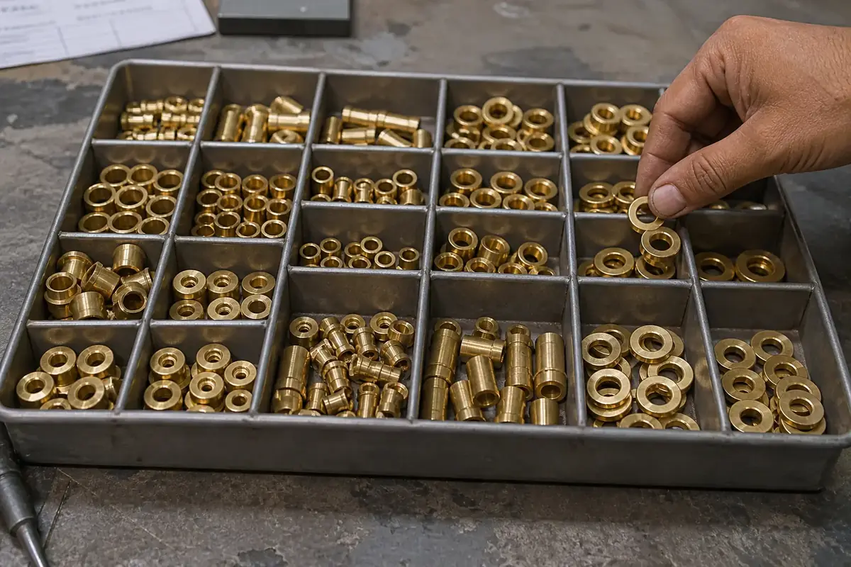 Brass eyelets, grommets, and washers arranged for hardware kit inspection