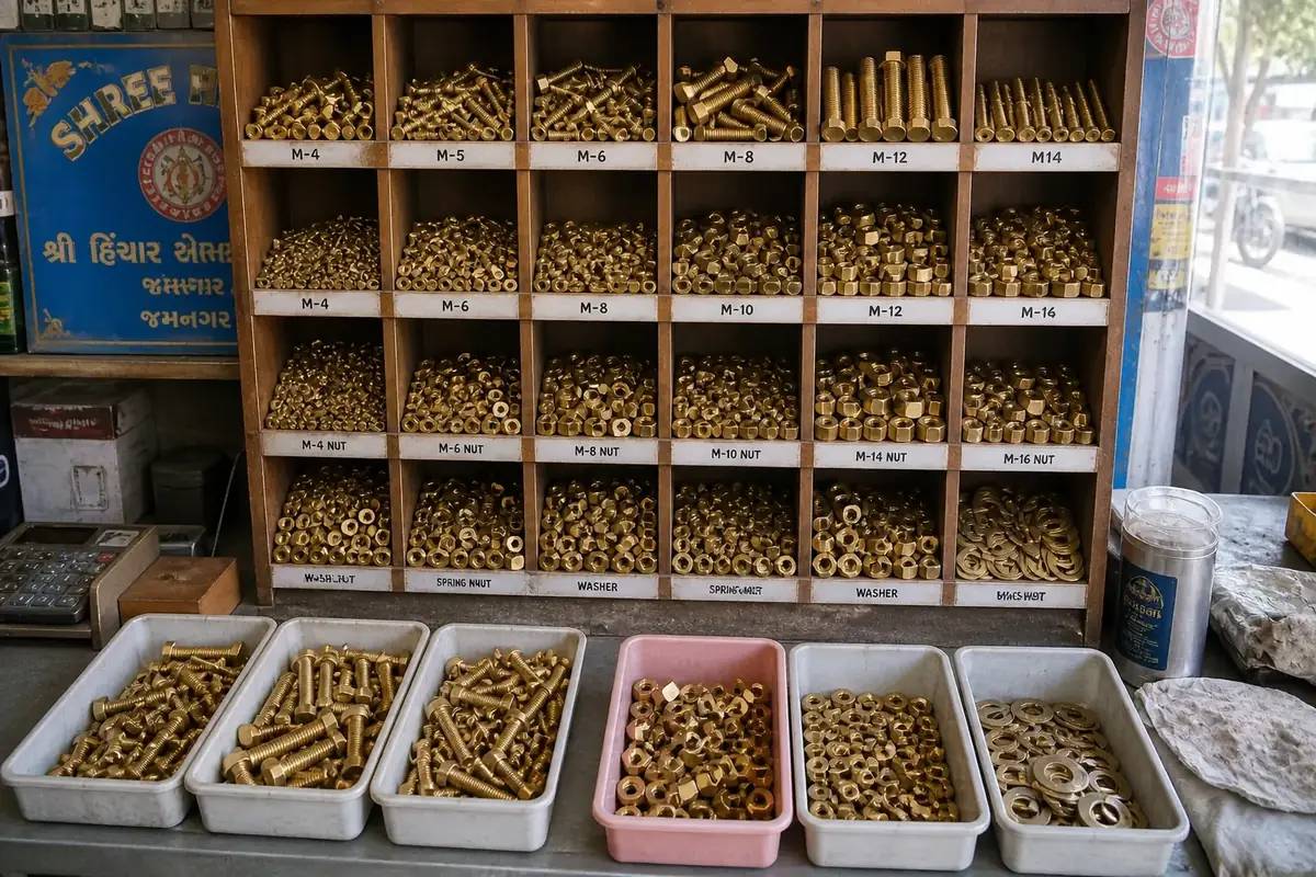 Brass machine screws, hex nuts, bolts, and washers sorted by size