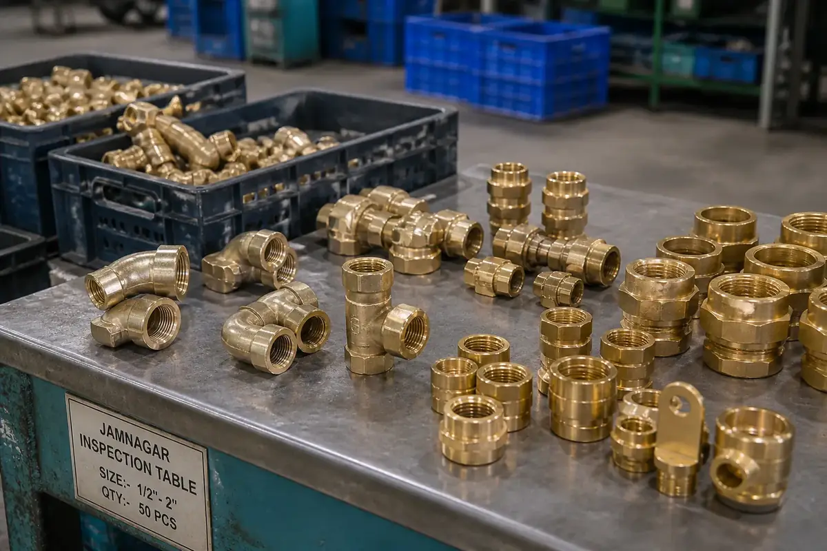 Assorted brass plumbing fittings including elbows, tees, and adaptors