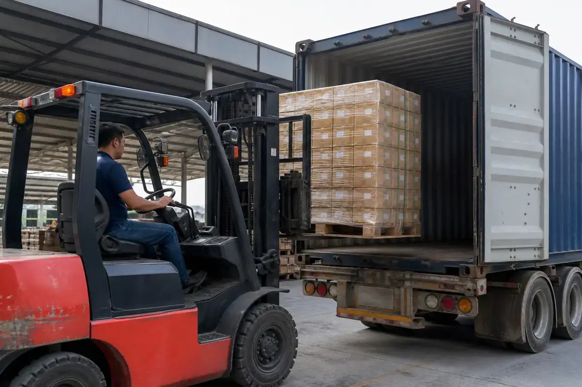 Forklift loading ISPM-15 heat treated wooden pallets of brass hardware into a 20ft ocean container