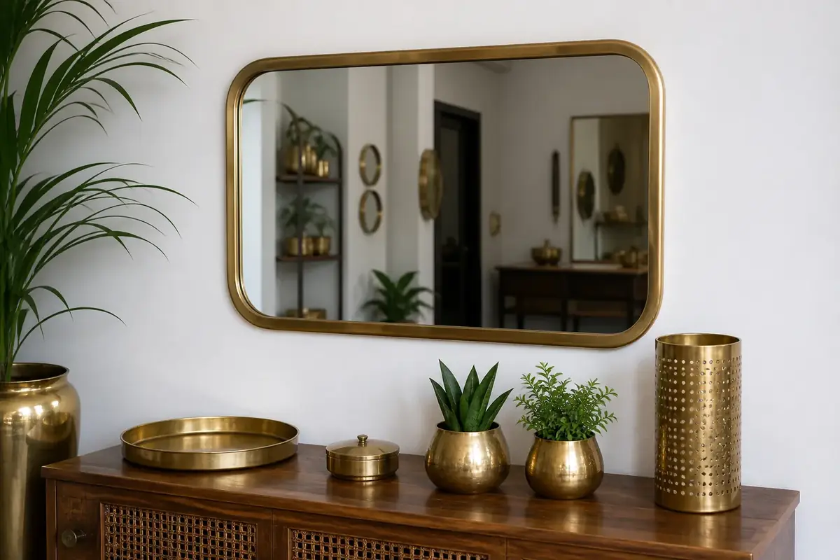 Brass framed mirror mounted on a living room wall above a console