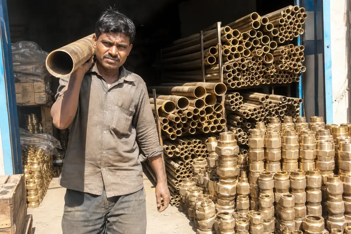 Brass hose barb fittings prepared for pull test and export bagging