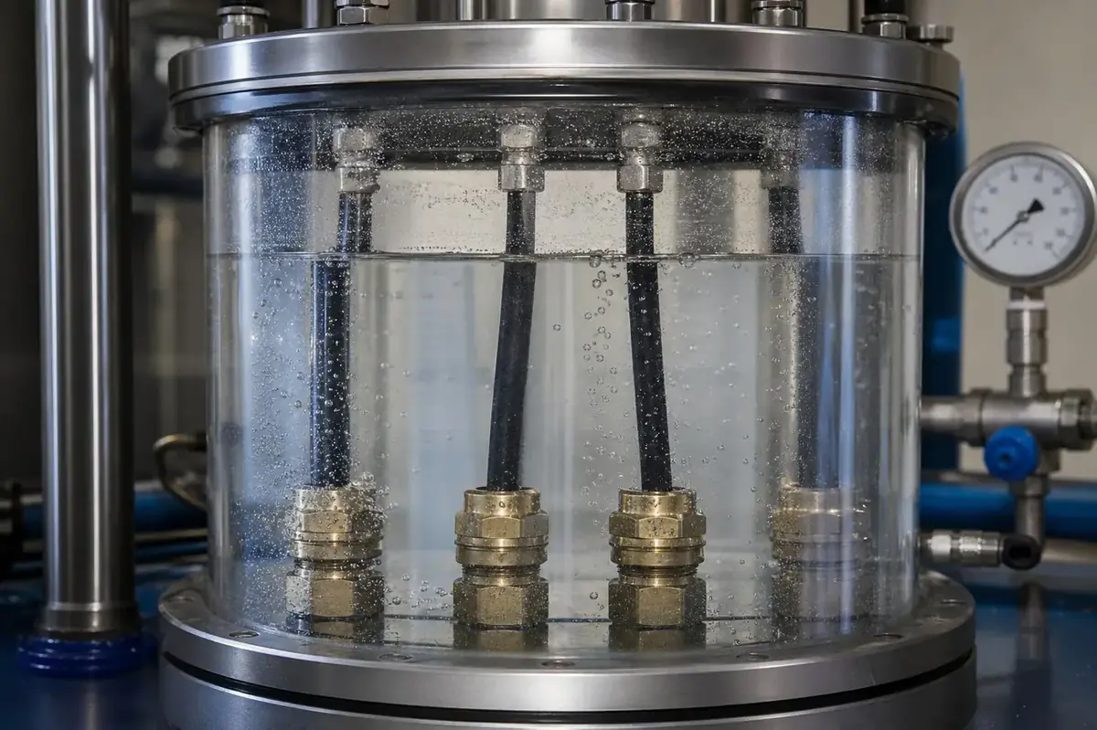 Hydrostatic water pressure chamber testing IP68 continuous submersion tightness on turned brass E1W cable glands