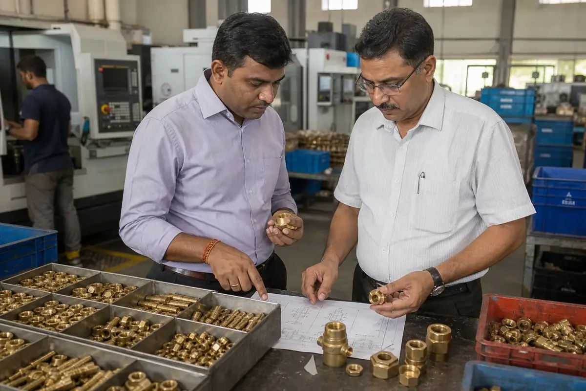 Buyer reviewing brass component samples and drawings with a Jamnagar manufacturer
