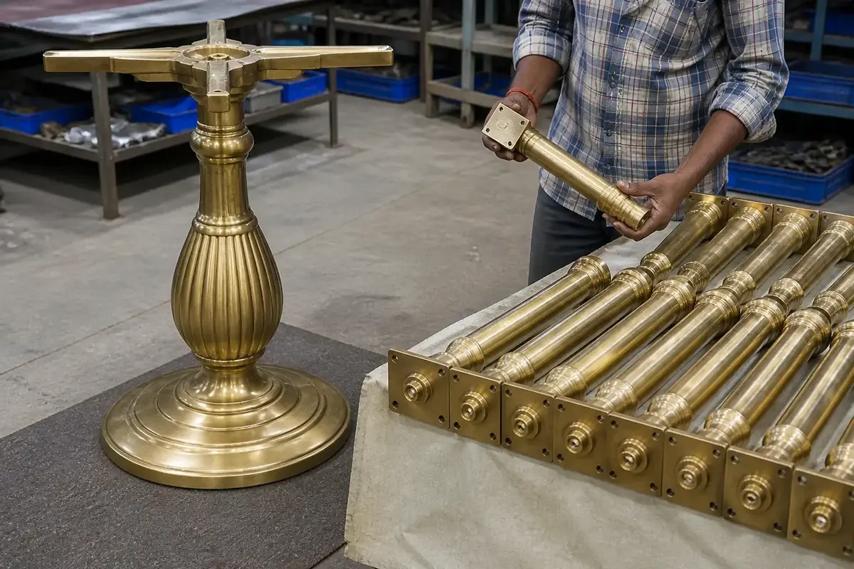 Brass pedestal table base and furniture legs staged for OEM quality check