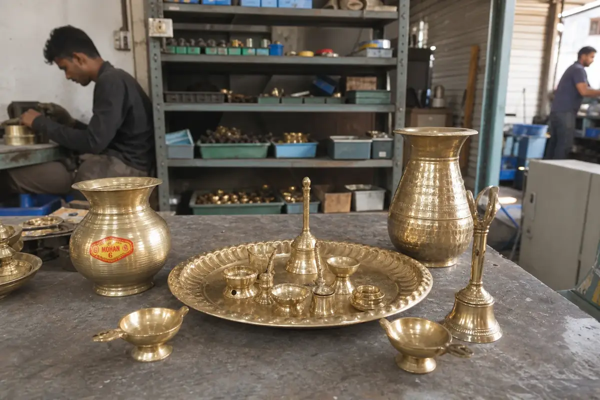 Traditional brass pooja items including diya, kalash, and thali arranged for worship