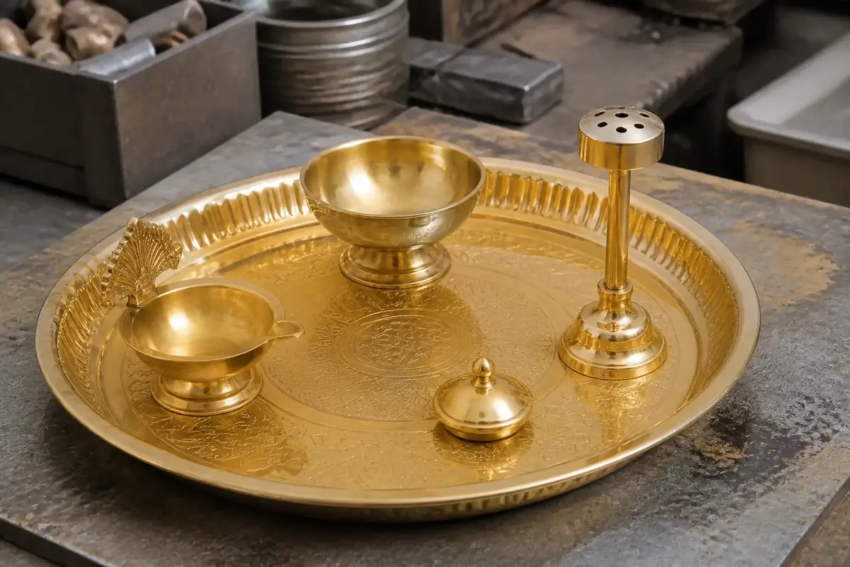 Brass pooja thali with diya, bowl, and incense pieces arranged together