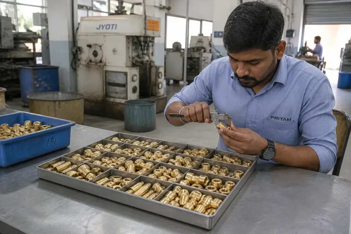 Inspector checking brass parts for porosity, thread damage, and finish defects