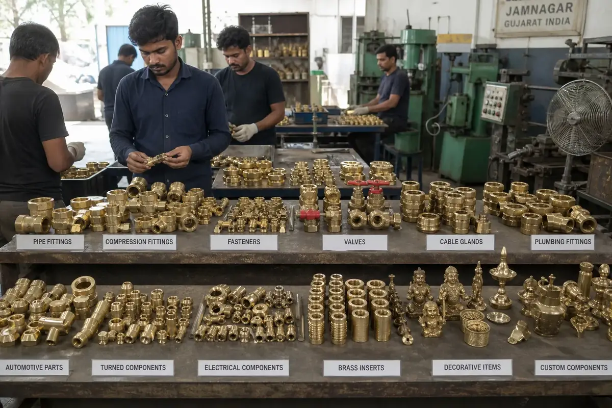 Wide assortment of brass products labeled by category from fittings to decor