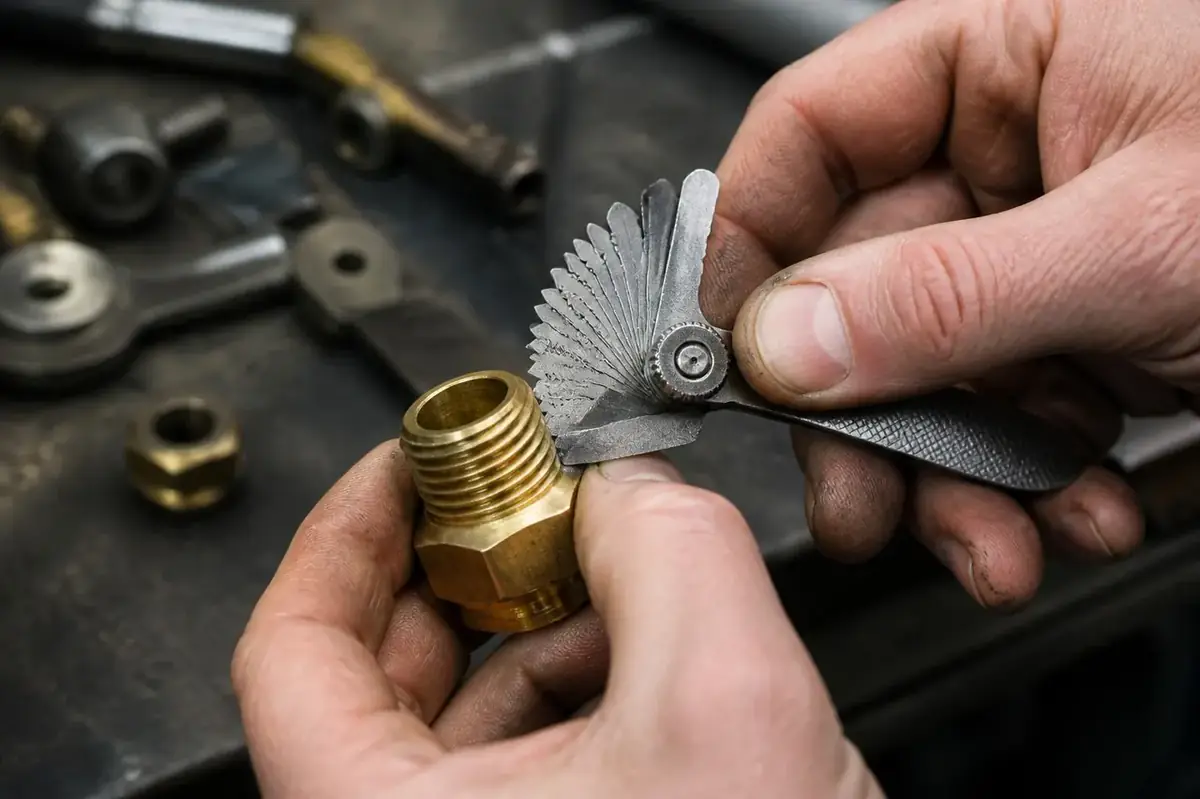 Brass — Quality inspector verifying thread pitch using an optical profile projector and pitch gauge