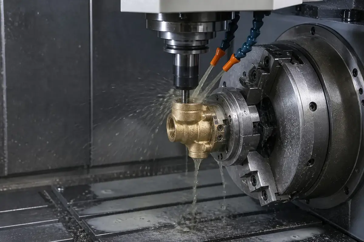 Secondary 4-axis CNC finish machining of a hot forged brass valve body blank