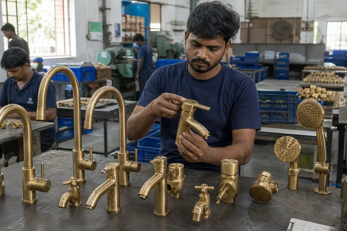 Brass kitchen tap, bathroom faucet, and shower fittings arranged for comparison