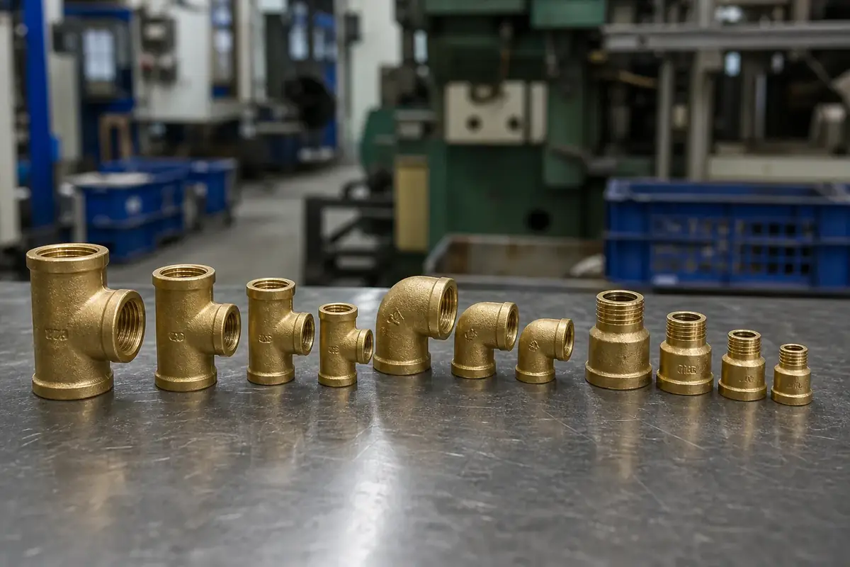 Brass tee, elbow, and reducer fittings arranged by size for comparison