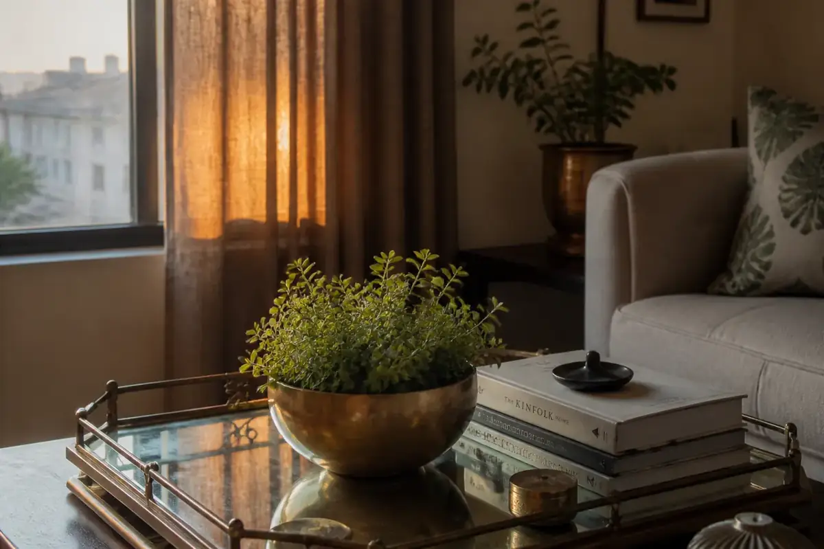 Brass urli bowl with stand used as an entryway centrepiece