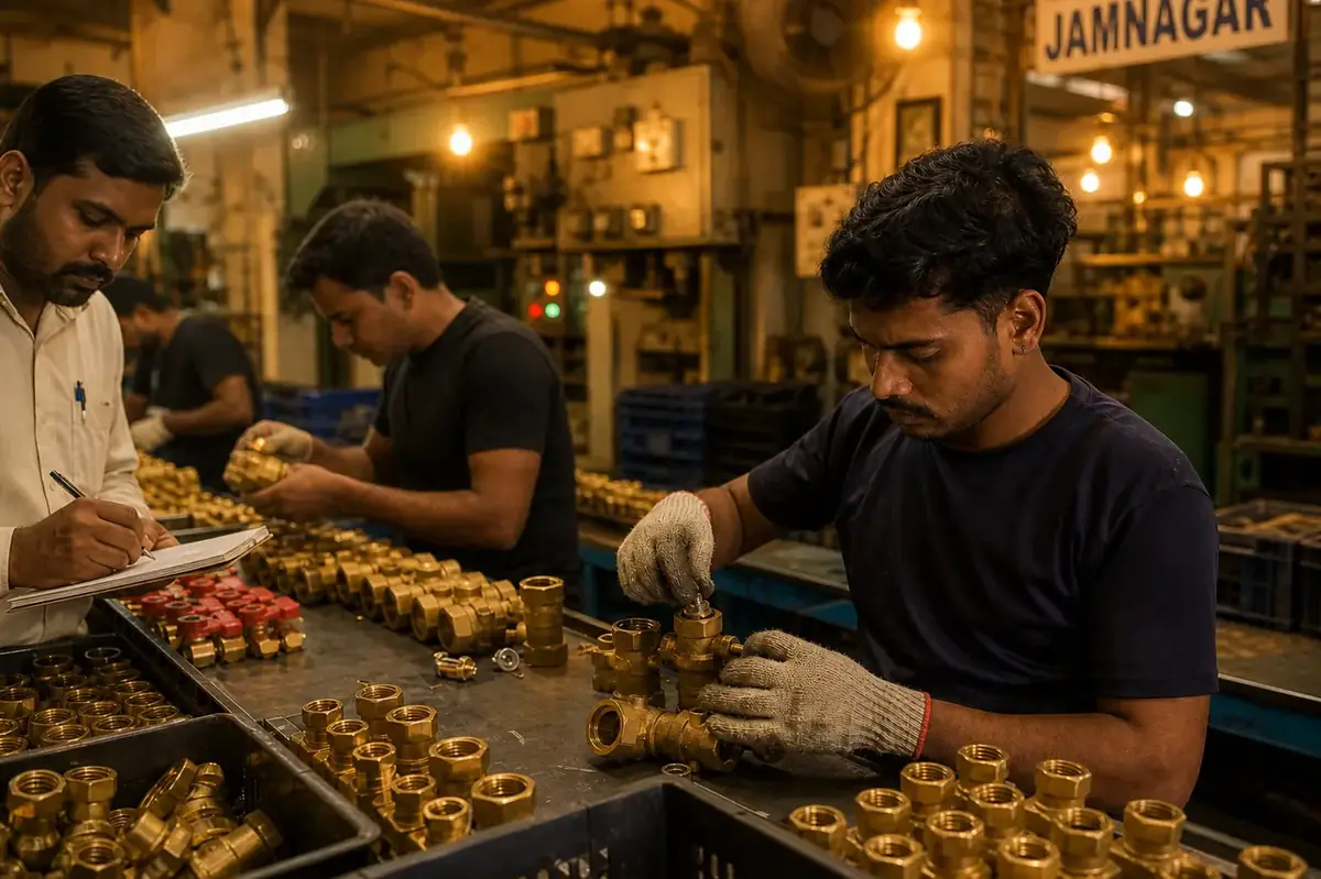 Brass valves on a leak-test bench with gauges during quality inspection