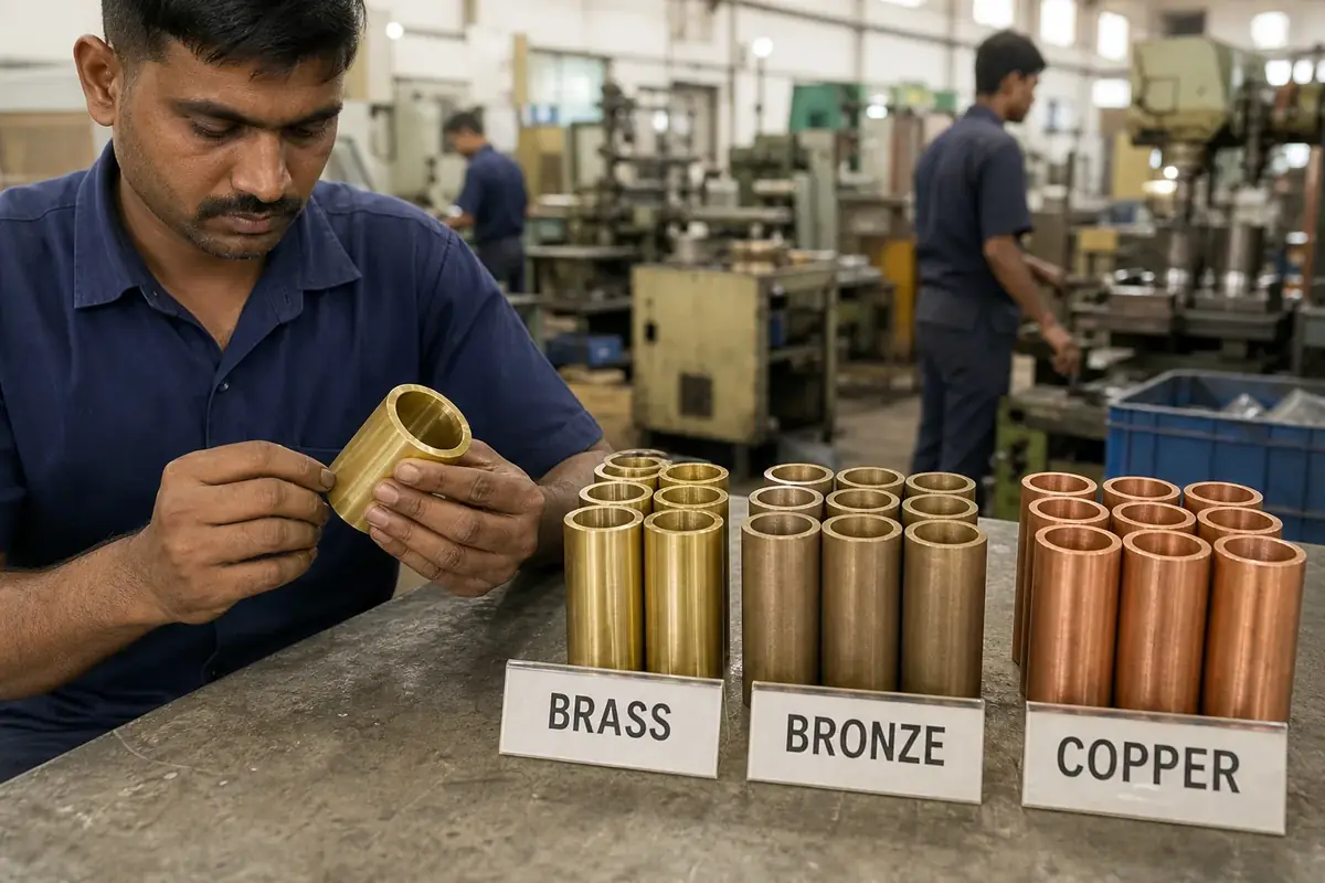 Comparison of brass, bronze, and copper metal samples showing color differences