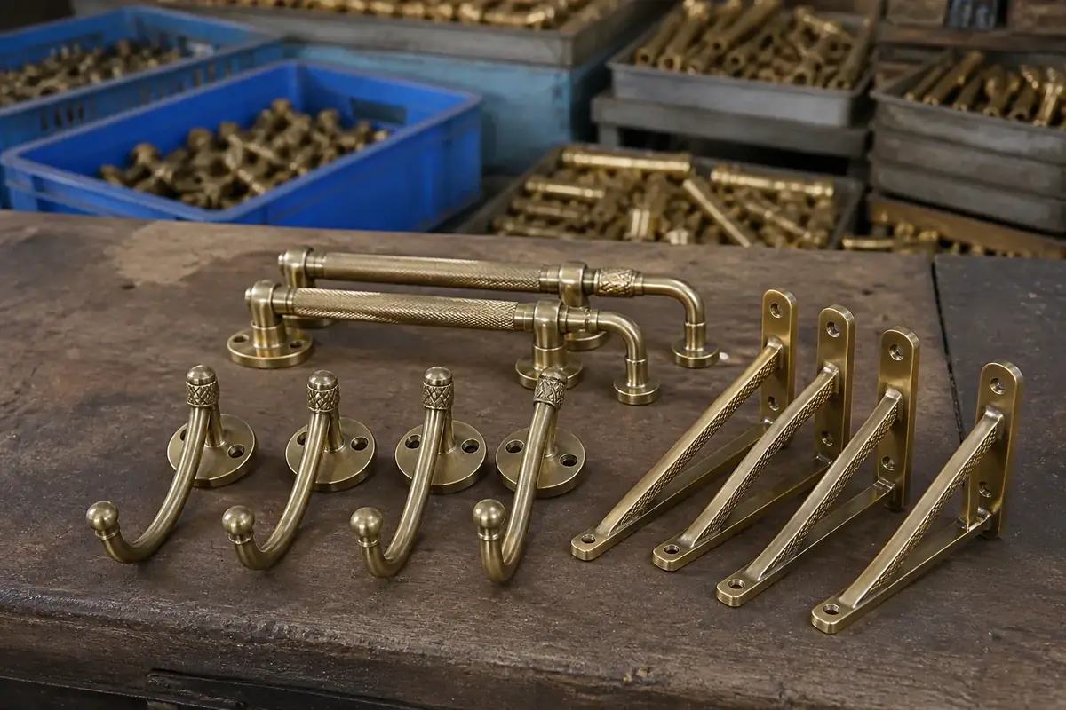 Brass wall hooks and shelf brackets matched to antique door handle finish