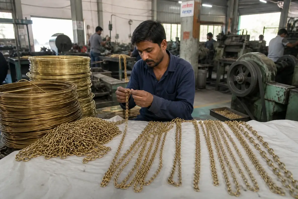 Coils of brass wire and lengths of brass chain in industrial and decorative gauges