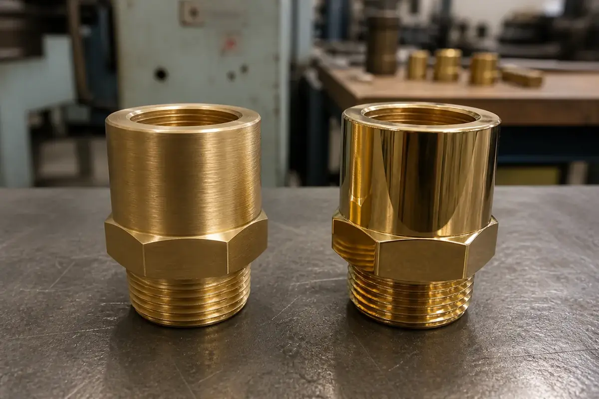 Brushed satin brass sample next to polished brass sample under workshop light