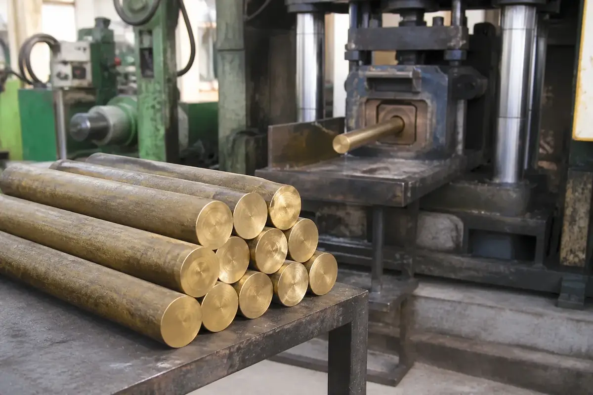 Cast brass billets staged beside an extrusion press in Jamnagar