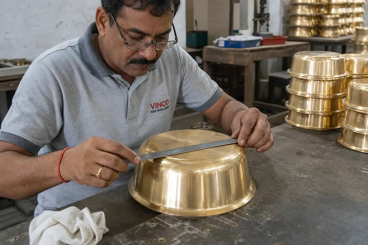 Checking flatness on the base of a brass cooking pot