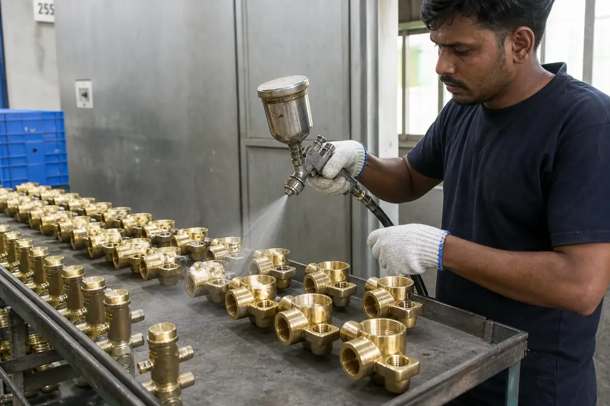 Clear brass lacquer being sprayed on polished brass components