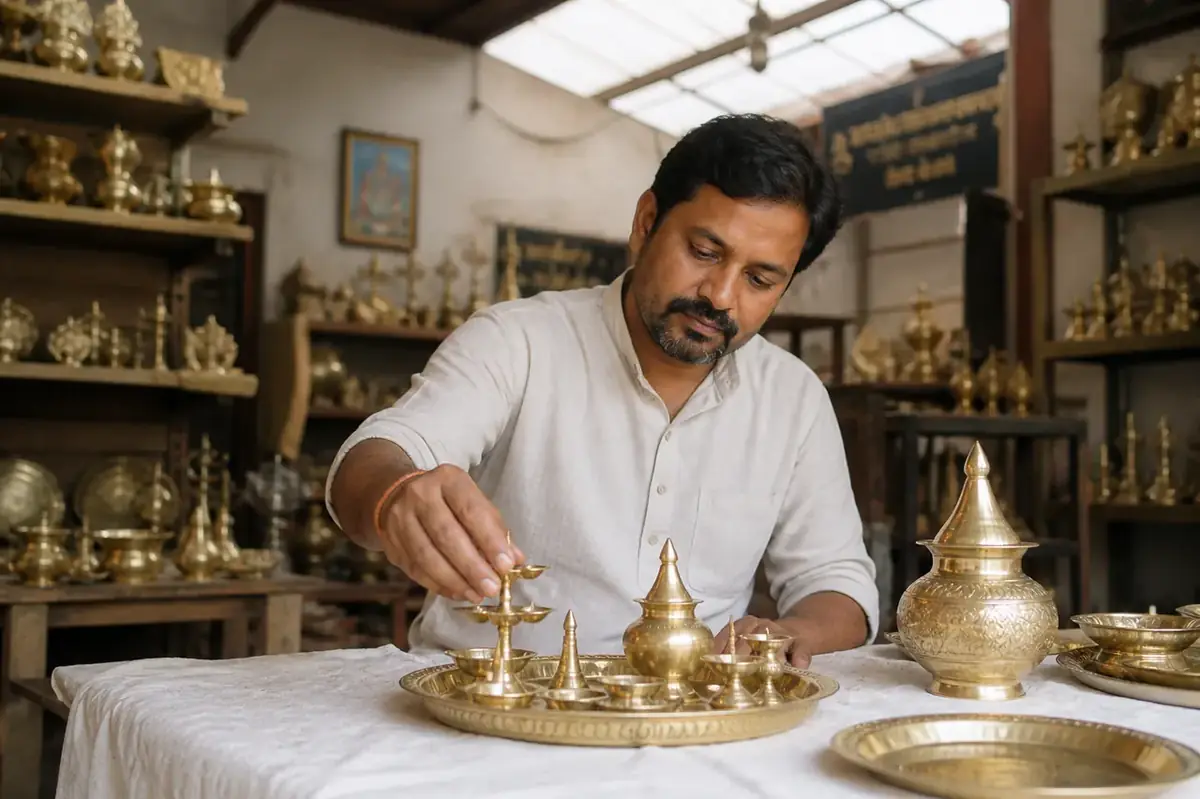 Close inspection of facial detail on a cast brass murti
