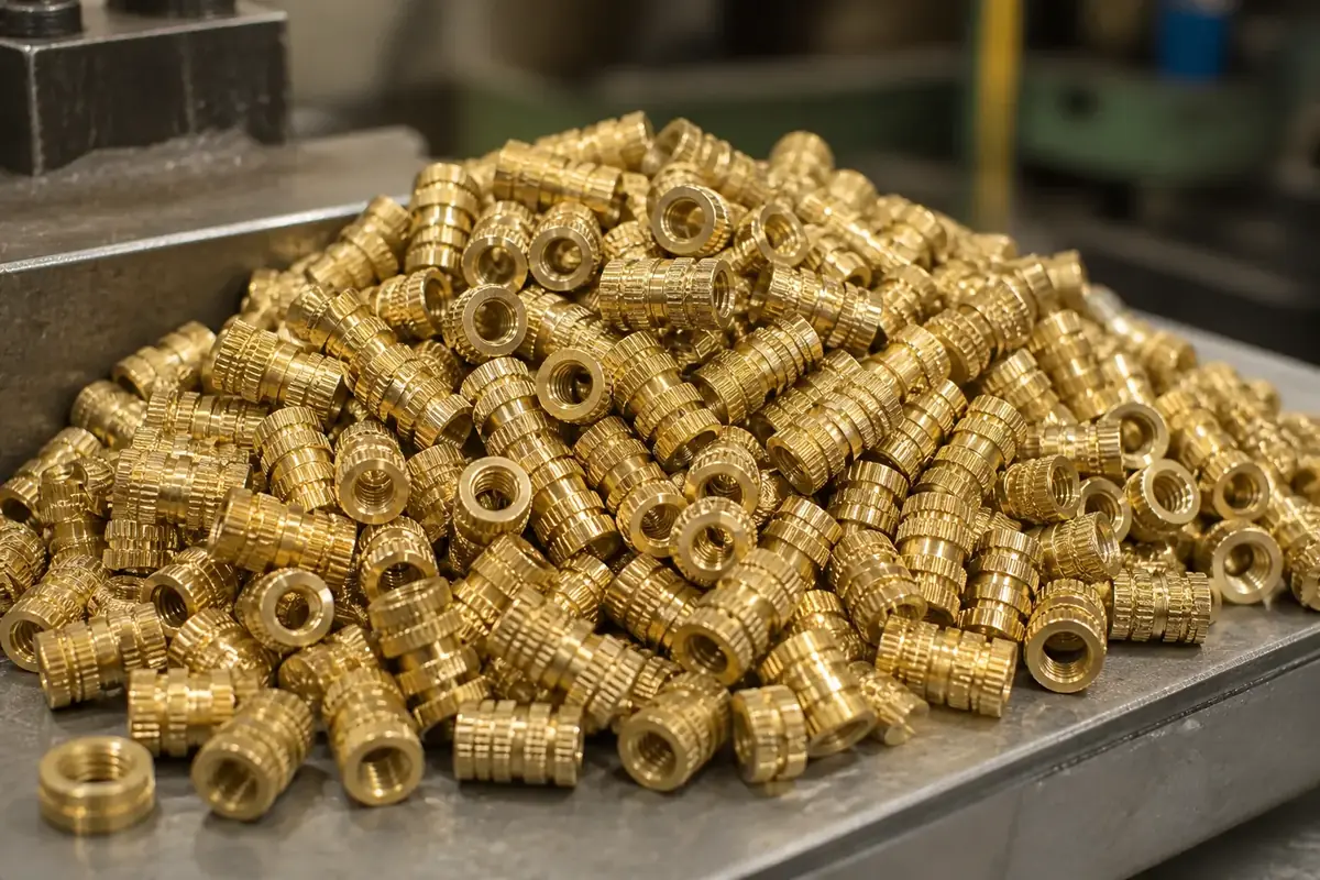Close-up of knurled brass threaded inserts for plastic moulding